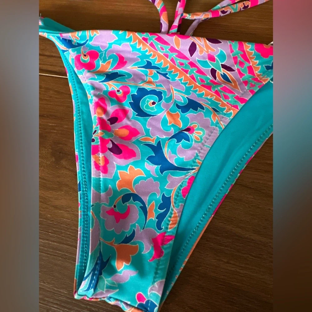 Frankies Bikinis Halo (Bottom Only) Blue Pink Paisley String Bikini Bottoms NWT